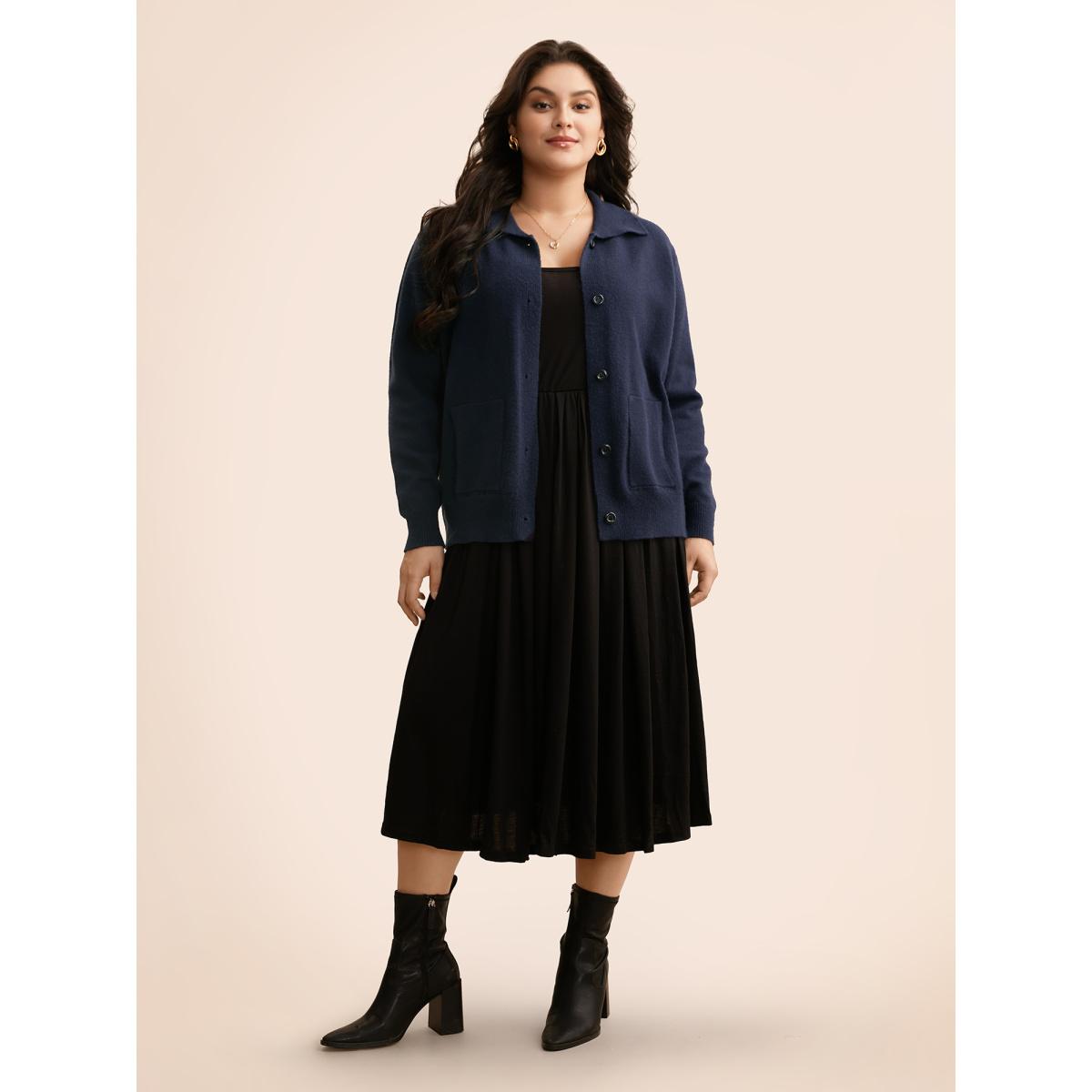 Plus Size Plain Patched Pocket Button Up Cardigan Indigo Women Leisure Loose Long Sleeve Casual Cardigans BloomChic 26/4X Product Image