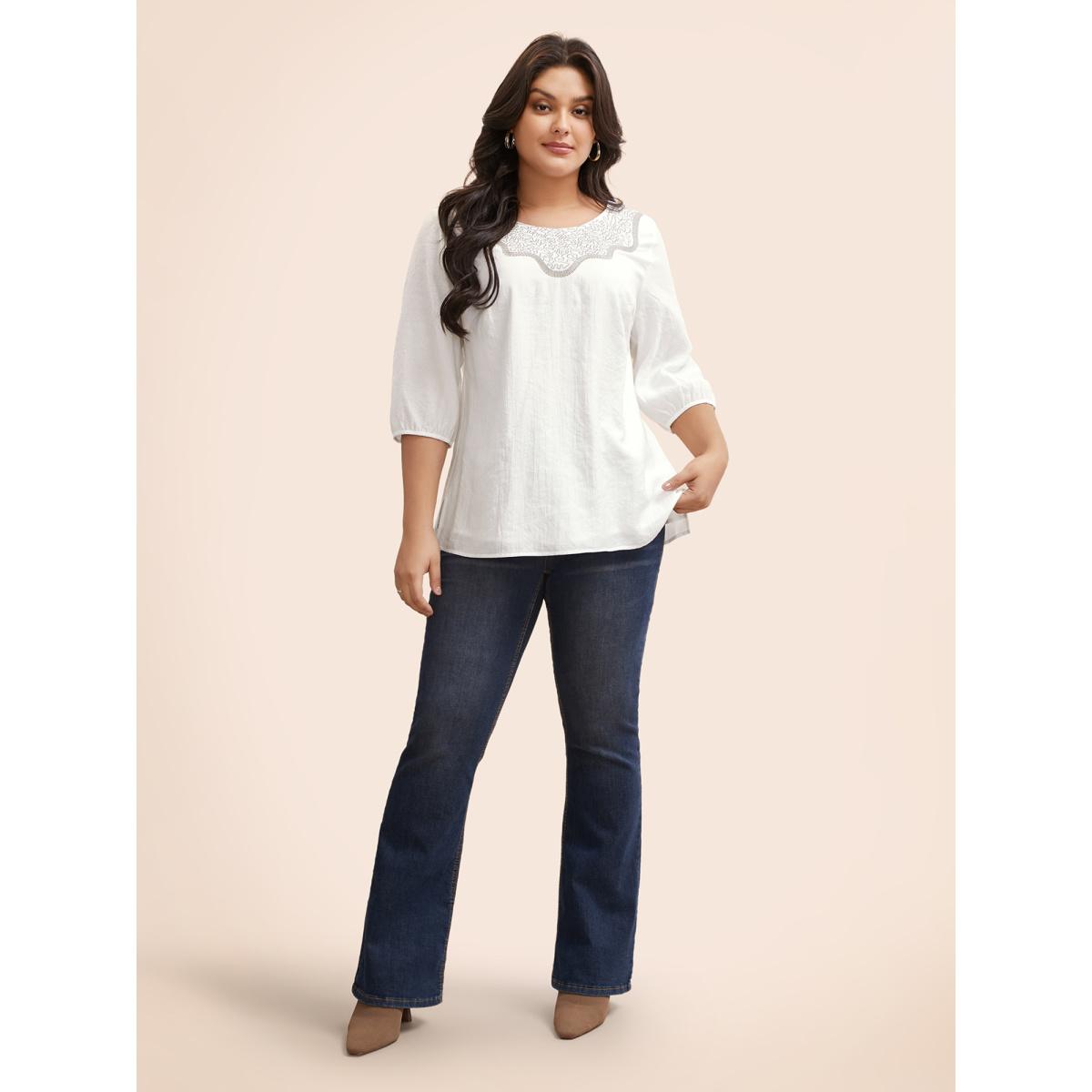 Plus Size WhiteSmoke Crew Neck Floral Embroidered Gathered Blouse Women Elegant Elbow-length sleeve Round Neck Everyday Blouses BloomChic 18-20/2X Product Image