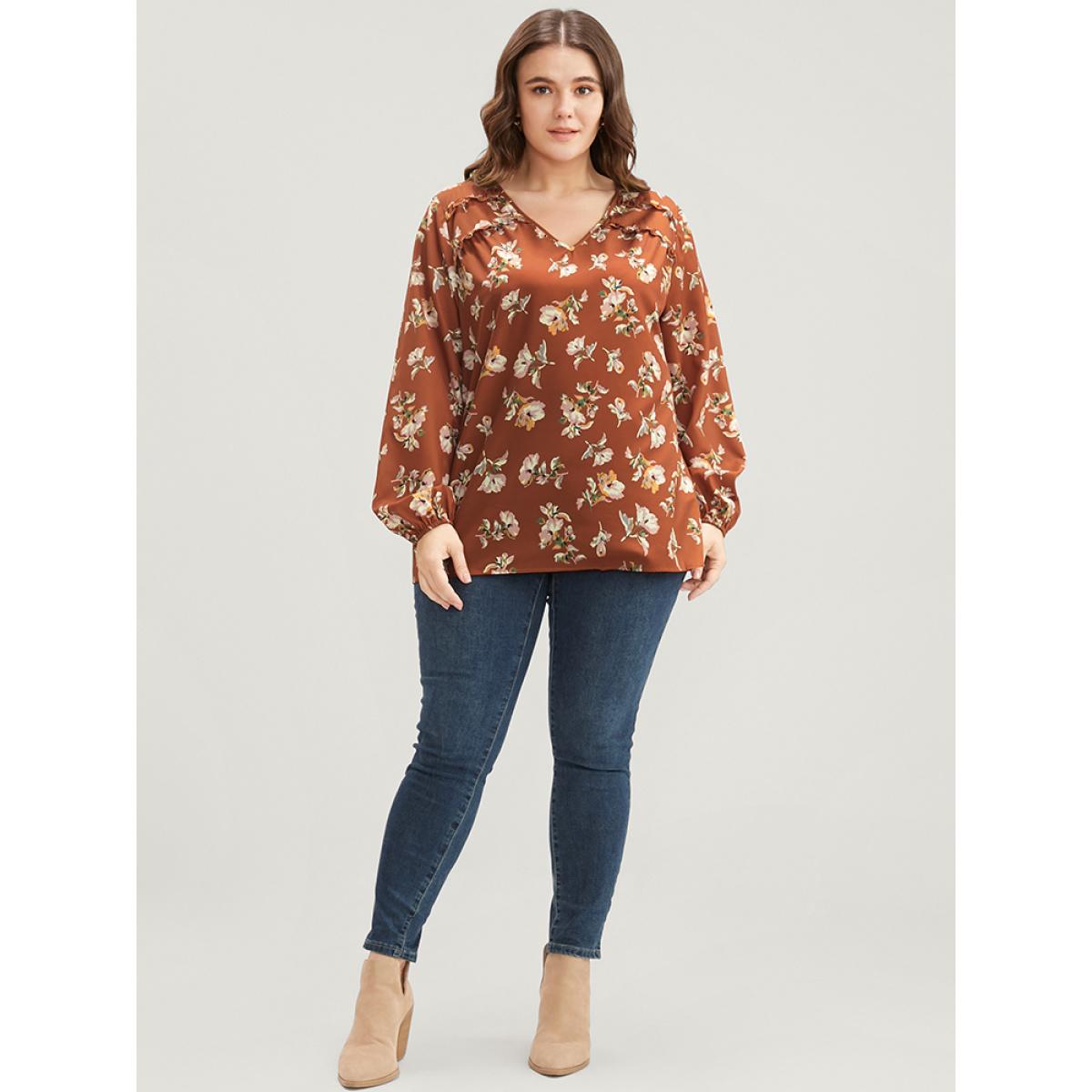 Plus Size Bronze Floral V Neck Ruffles Trim Lantern Sleeve Blouse Women Elegant Long Sleeve V-neck Dailywear Blouses BloomChic 30/6X Product Image