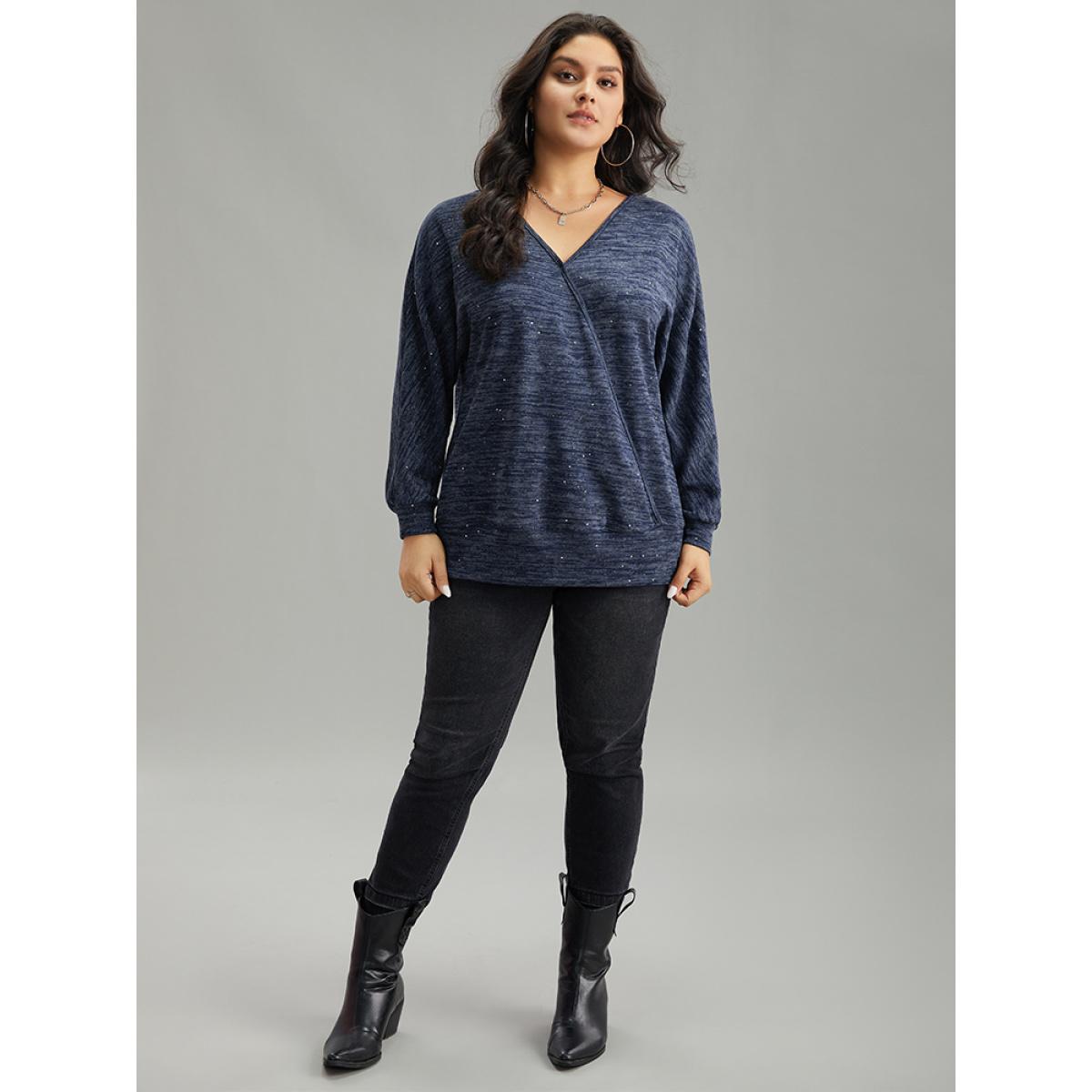 Plus Size Solid Heather V Neck Sequin T-shirt Blue Women Casual Texture Plain V-neck Everyday T-shirts BloomChic 10/M Product Image