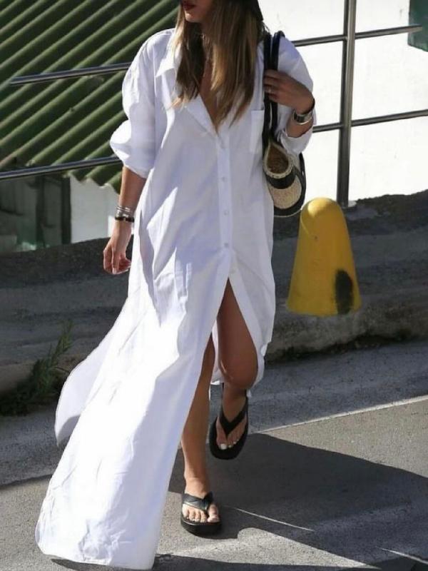 Long Sleeves Loose Buttoned Solid Color Split-Side Lapel Maxi Shirt Dress Product Image