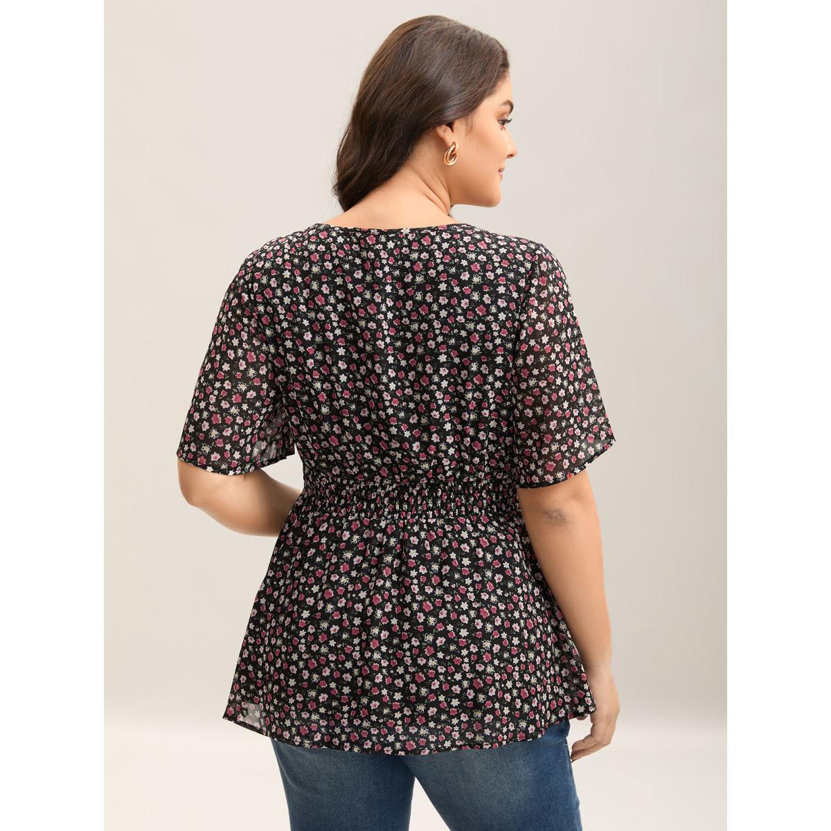 Plus Size Black Floral Print Shirred Waist Cinched Shirt Women Timeless Half Sleeve V-neck Elegant Blouses BloomChic 12/L Product Image