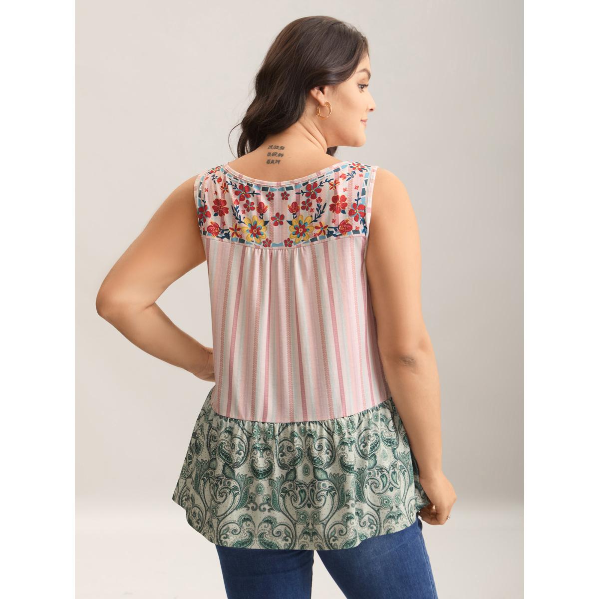 Plus Size Striped Print Spliced Ruffled Tank Top Women Multicolor Boho Gathered Flat collar with V-notch Vacation Tank Tops Camis BloomChic 28/5X Product Image