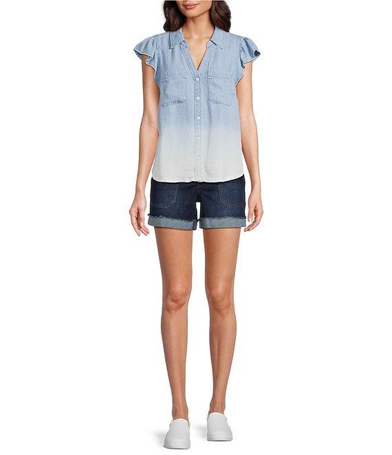 Democracy Petite Size Ombre Collared V-Neck Flutter Cap Sleeve Button Front Shirt Product Image