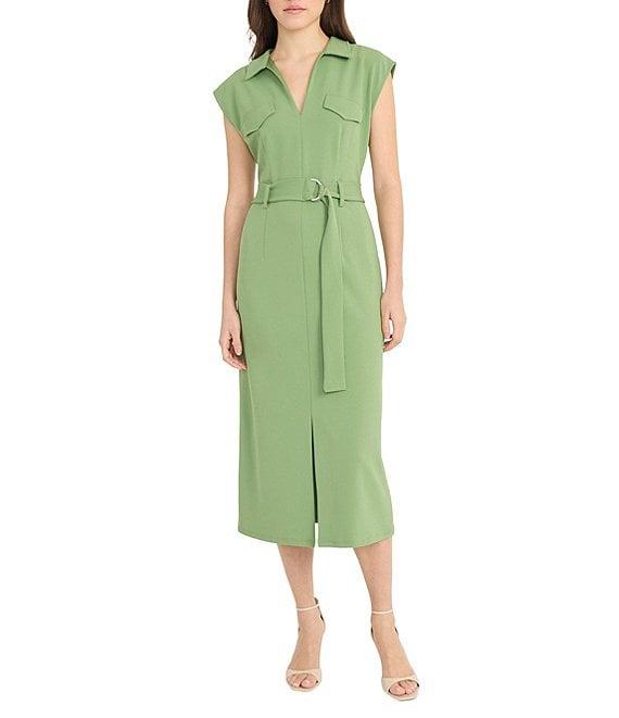 Donna Morgan Solid Scuba Crepe Collared Belted Midi Dress Product Image