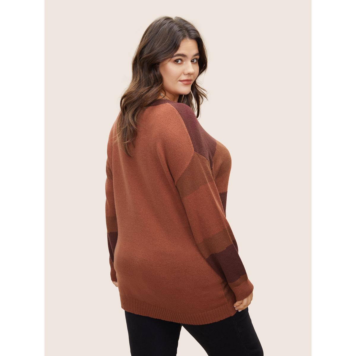 Plus Size Supersoft Essentials Colorblock Contrast Drop Shoulder Pullover Rust Women Casual Long Sleeve Round Neck Everyday Pullovers BloomChic 26/4X Product Image