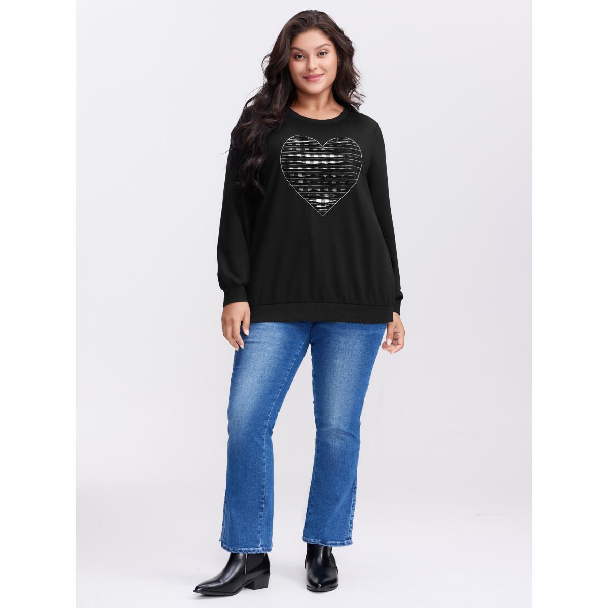 Plus Size Supersoft Heart Cut-Out Embroidery Sweatshirt Women Black Leisure Contrast Round Neck Casual Sweatshirts BloomChic 22-24/3X Product Image