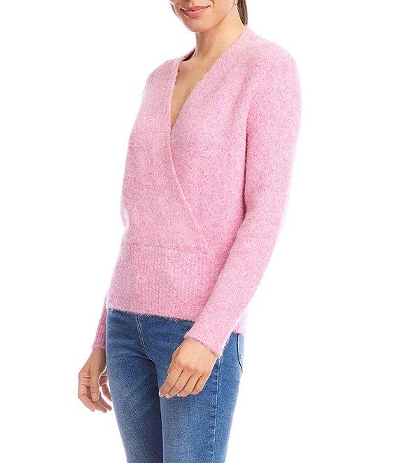 Karen Kane Surplice V-Neck Long Sleeve Crossover Faux Wrap Knit Top Product Image