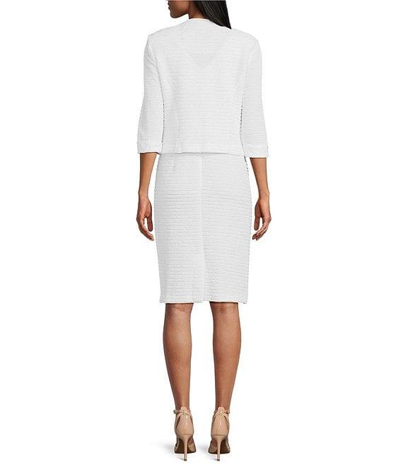 Le Bos Round Neck 3/4 Sleeve Embroidered Mesh Trim Textured 2-Piece Jacket Dress Product Image