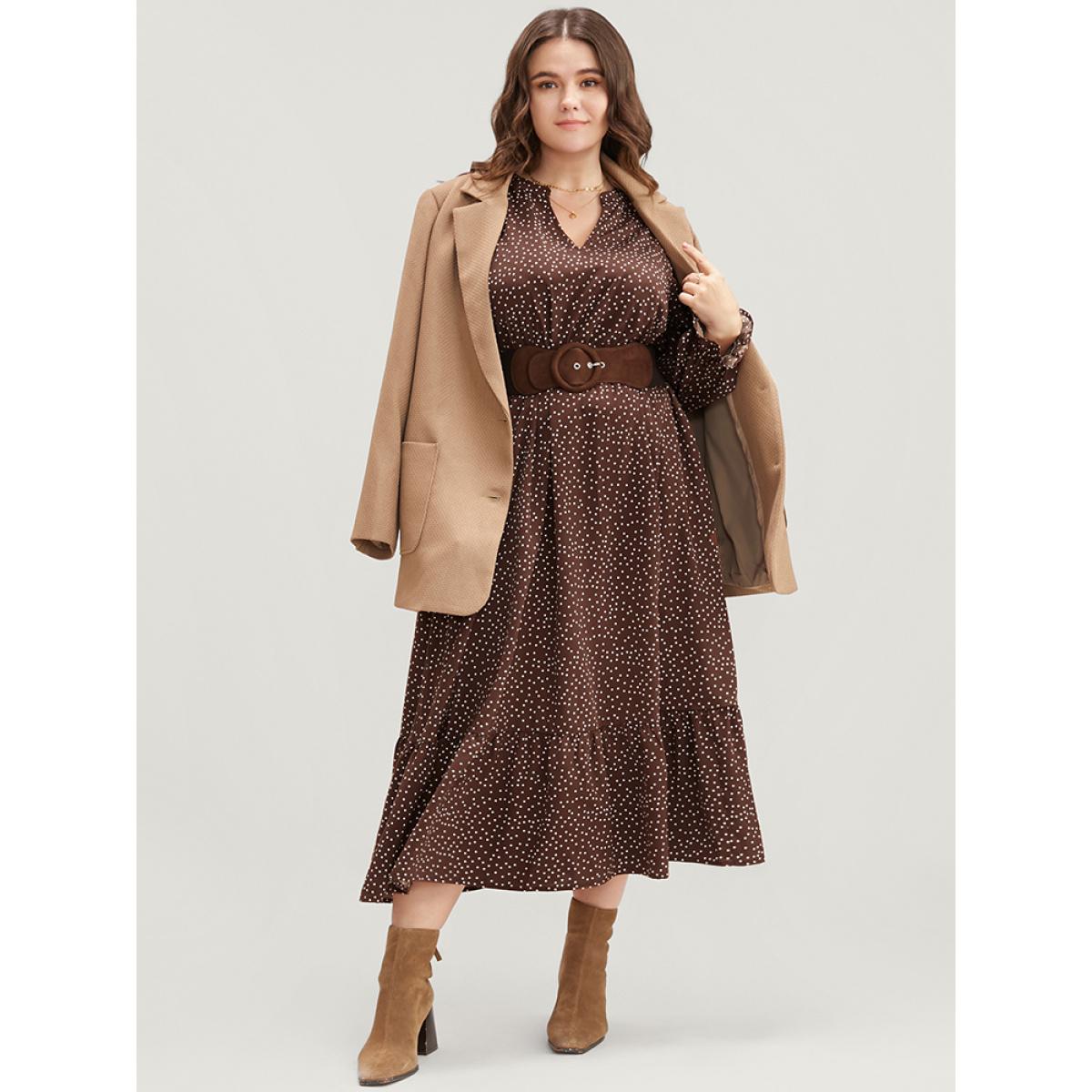 Plus Size Polka Dot Pocket Lantern Sleeve Flutter Hem Dress DarkBrown Women Elegant Pocket V-neck Long Sleeve Curvy Midi Dress BloomChic 14-16/1X Product Image