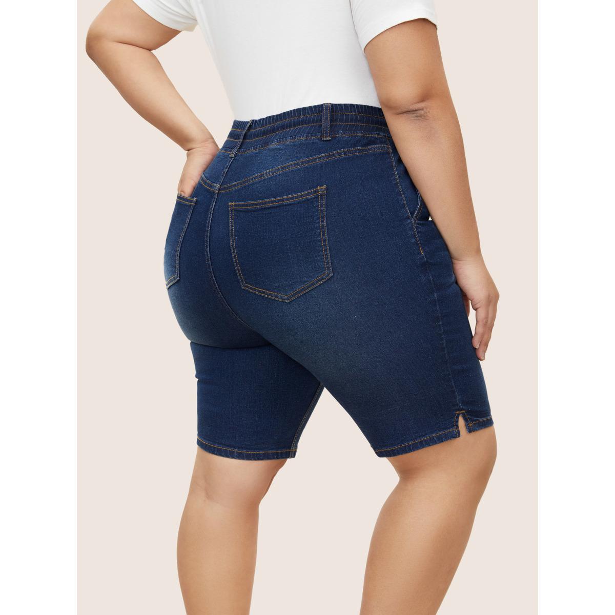 Plus Size Dark Wash Drawstring Slit Hem Denim Shorts Women Indigo Drawstring High stretch Everyday Slanted pocket Casual Denim Shorts BloomChic 12/L Product Image