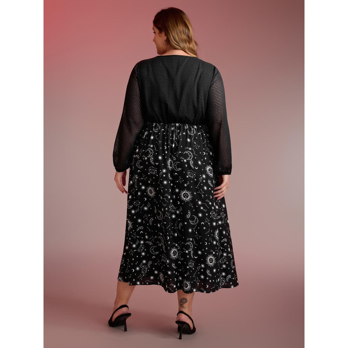 Plus Size Starry Adventure Contrast Sheer Midi Dress Black Women Timeless V-neck Extra Long Sleeve Curvy BloomChic 22-24/3X Product Image