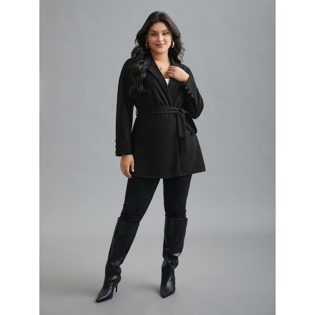 Plus Size Lapel Collar Belted Button Detail Jacket Women Black Belted Bodycon Side seam pocket Belt Everyday Jackets BloomChic 12/L Product Image
