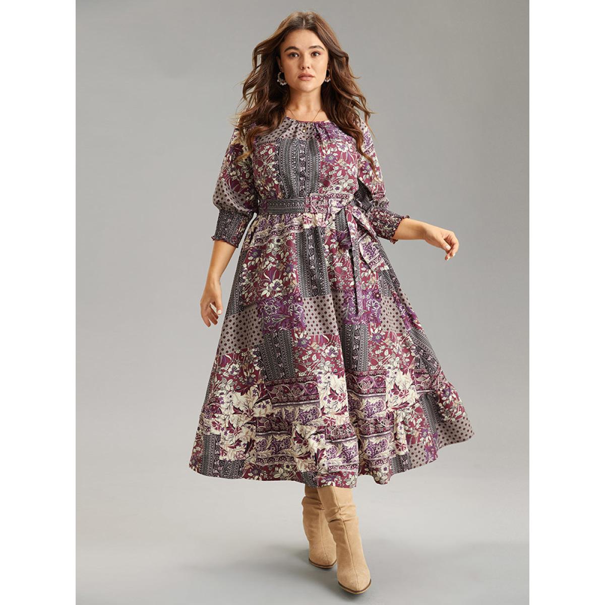 Plus Size Boho Print Belted Shirred Ruffle Layered Hem Dress Purple Women Vacation Belted Round Neck Elbow-length sleeve Curvy Midi Dress BloomChic 10/M Product Image