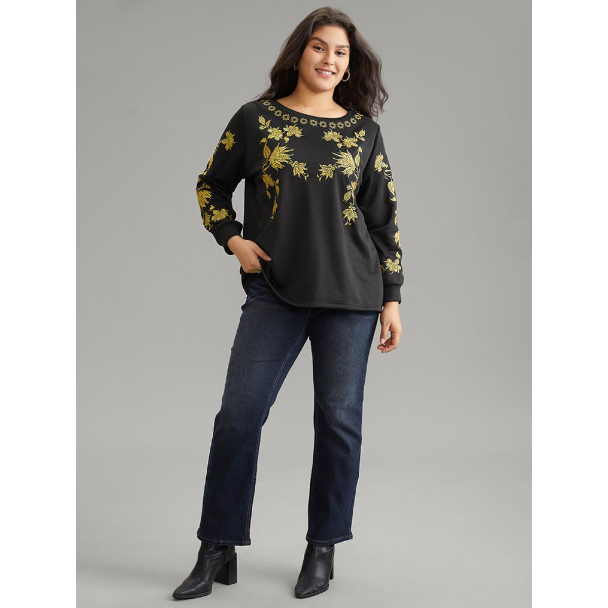 Plus Size Floral Embroidered Two Tone Sweatshirt Women Black Elegant Contrast Round Neck Dailywear Sweatshirts BloomChic 18-20/2X Product Image