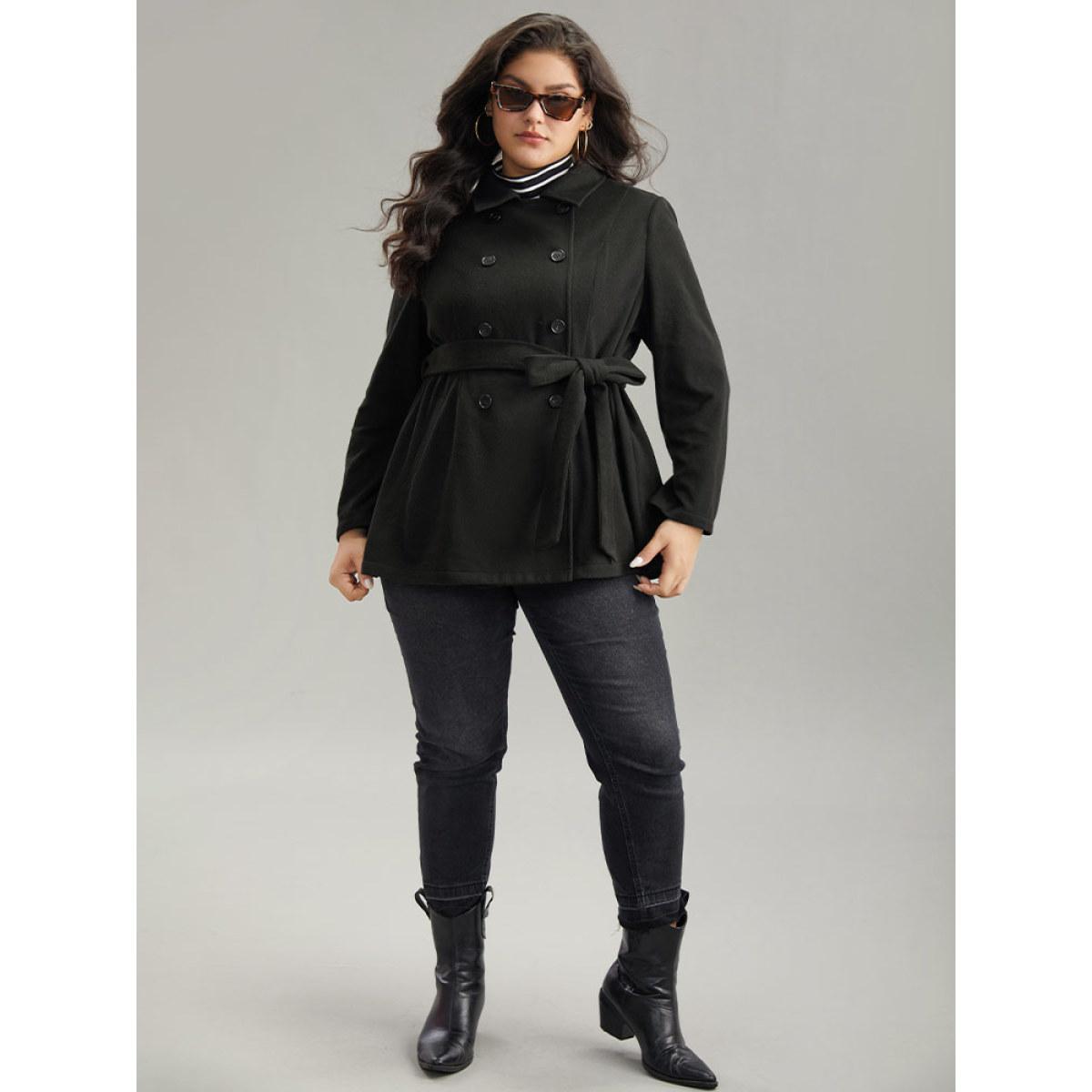 Plus Size Plain Belted Double Breasted Pocket Coat Women Black Casual Plain Ladies Dailywear Winter Coats BloomChic 26/4X Product Image