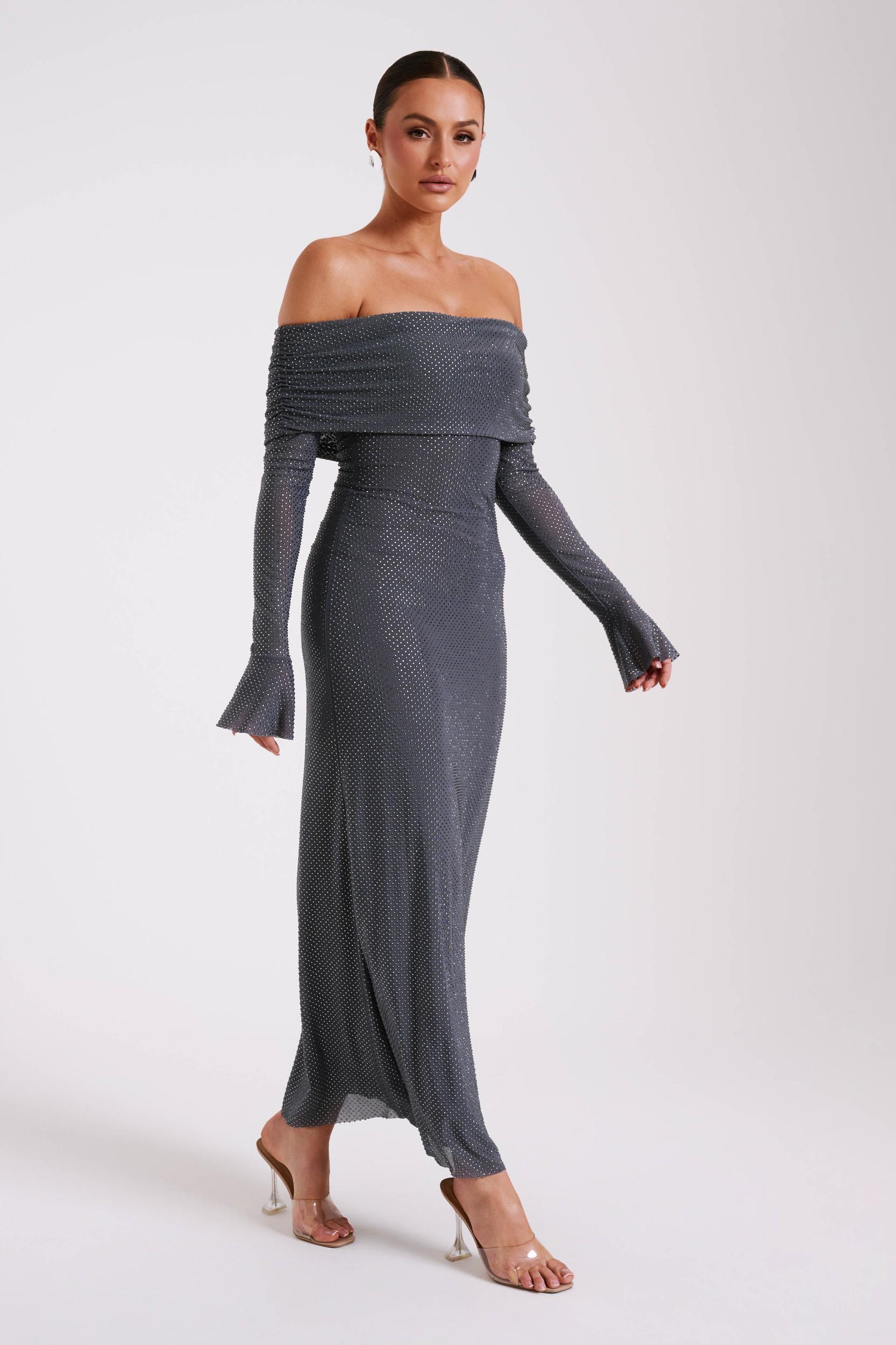 Marcel Off Shoulder Diamante Maxi Dress - Gunmetal Product Image
