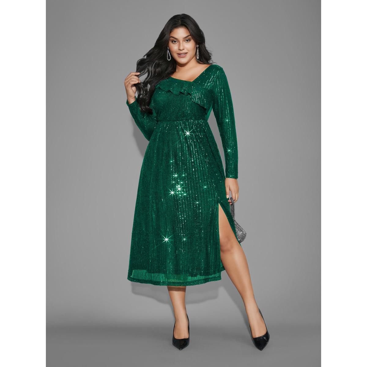 Plus Size Sequin Mesh Asymmetrical Neck Midi Dress DarkGreen Women Party&Cocktail Texture Party Curvy Bloomchic 28/5X Product Image