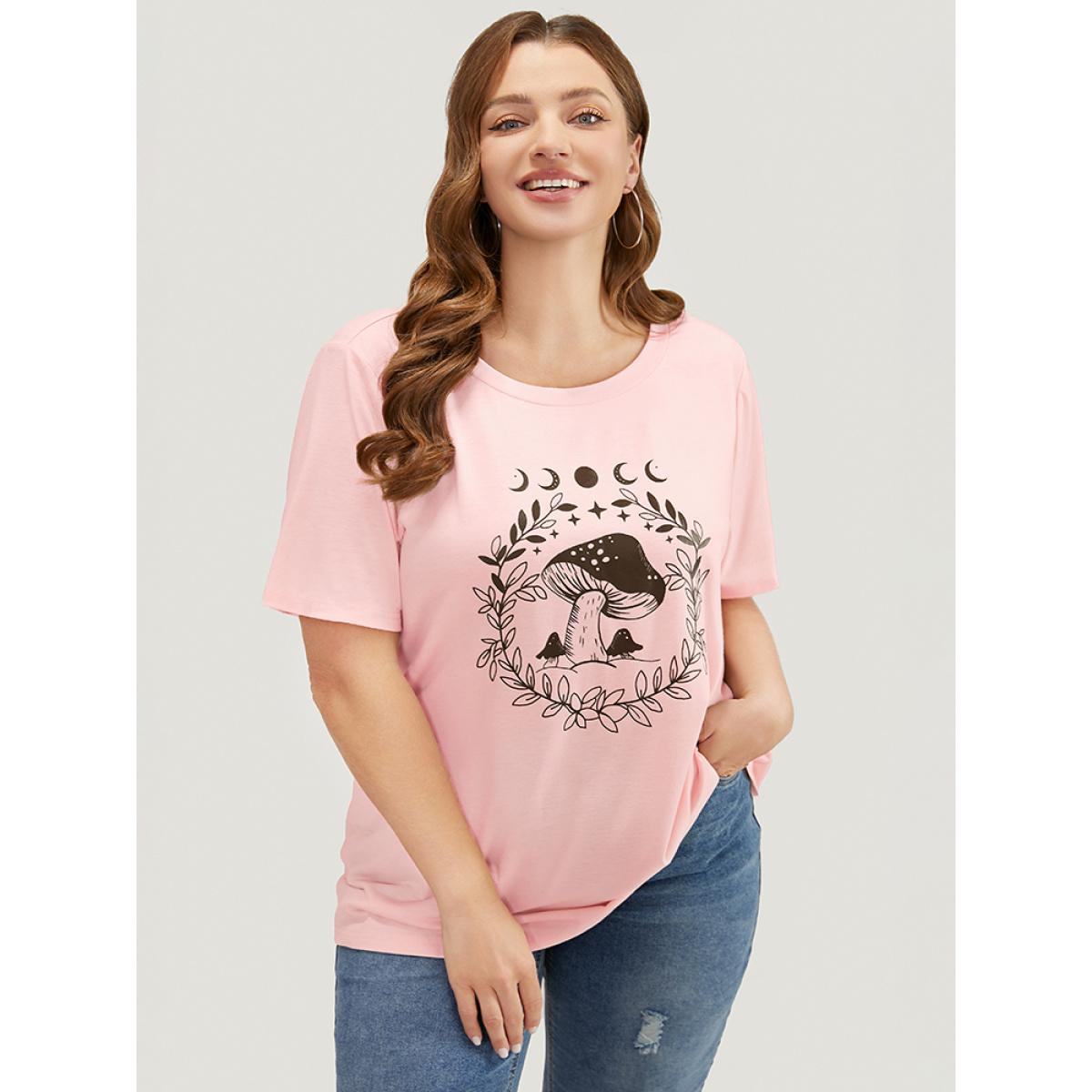 Plus Size Mushroom & Moon Print Short Sleeve Crew Neck T-shirt MistyRose Women Casual Natural Flowers Dailywear T-shirts BloomChic 26/4X Product Image