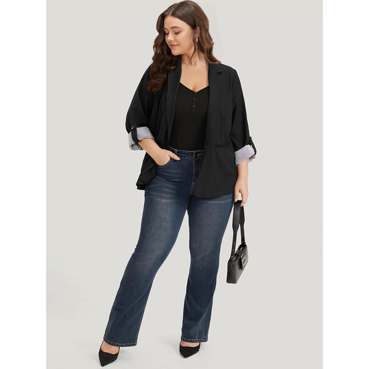 Plus Size Contrast Suit Collar Button Up Pocket Tab Sleeve Blazer Indigo Women Work Plain Contrast Sleeve Long Sleeve Lapel Collar 14-16/1X Pocket Office Blazers BloomChic Product Image