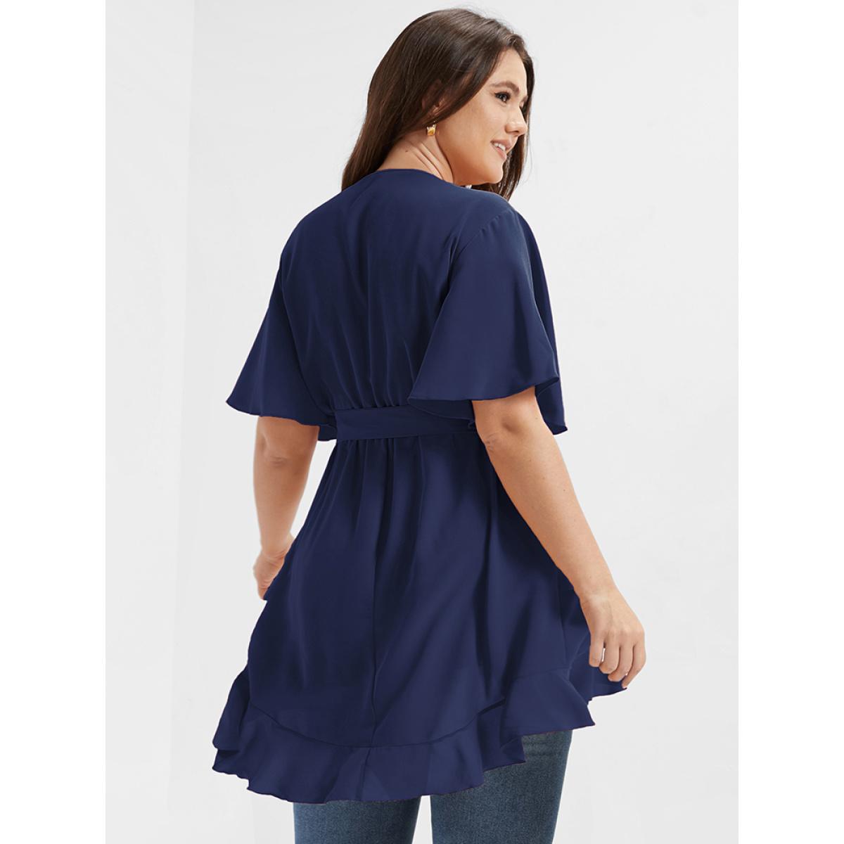 Plus Size DarkBlue Solid Belted Asymmetrical Hem Flutter Wrap Blouse Women Elegant Short sleeve V-neck Dailywear Blouses BloomChic 14-16/1X Product Image