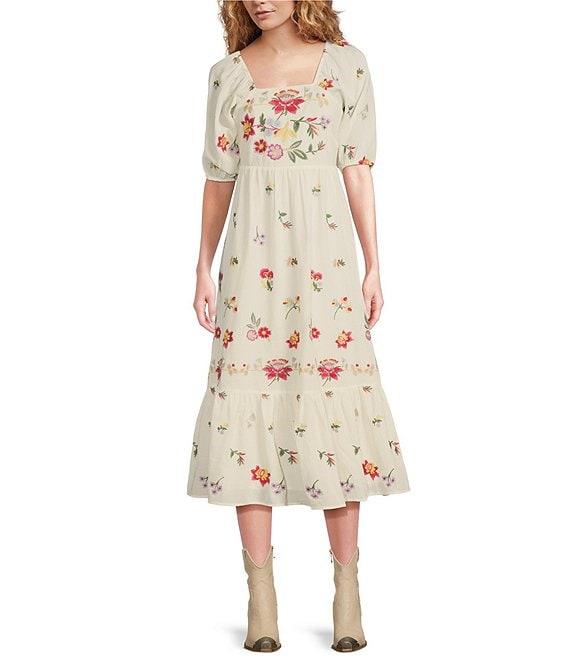 Reba Woven Mesh Floral Embroidery Square Neck 3/4 Puff Sleeve Tiered A-Line Midi Dress Product Image