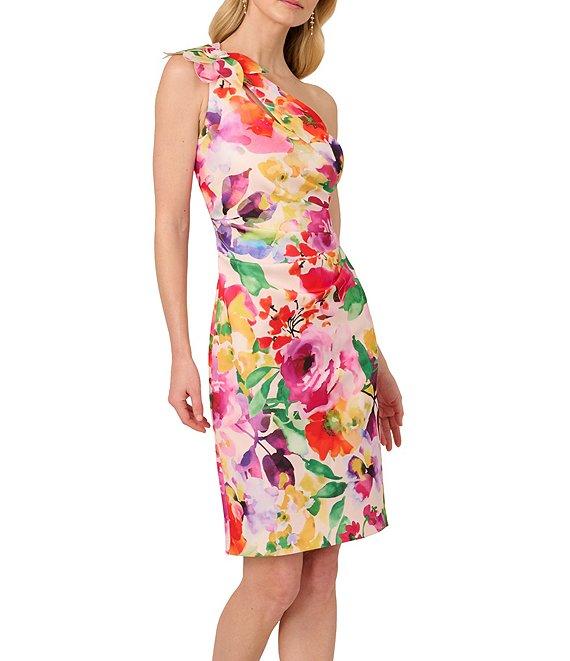 Adrianna Papell Petite Size Scuba Floral Print One Shoulder Neck Sleeveless Sheath Midi Dress Product Image