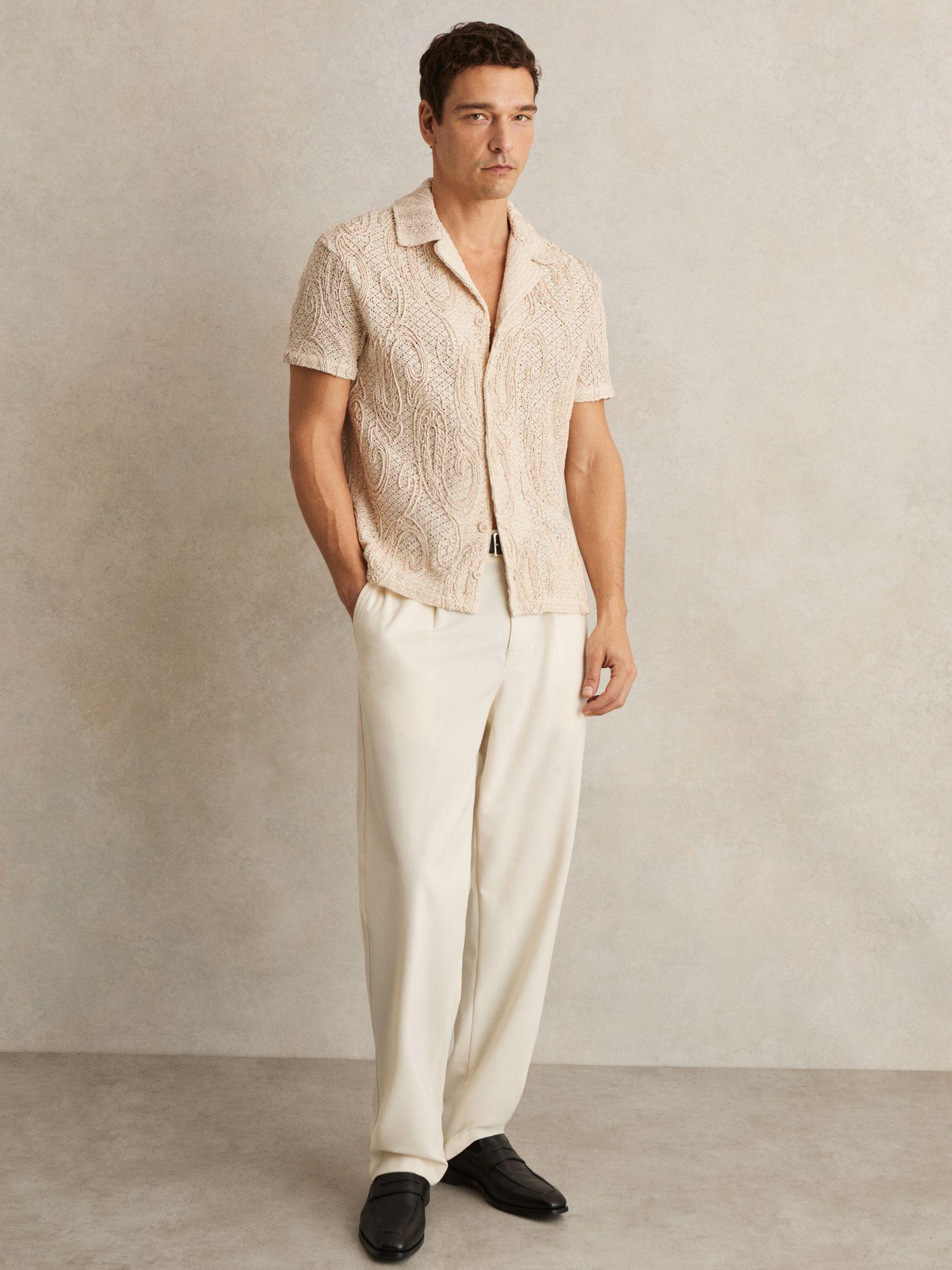 Cotton-Blend Embroidered Crochet Shirt in Oatmeal Product Image