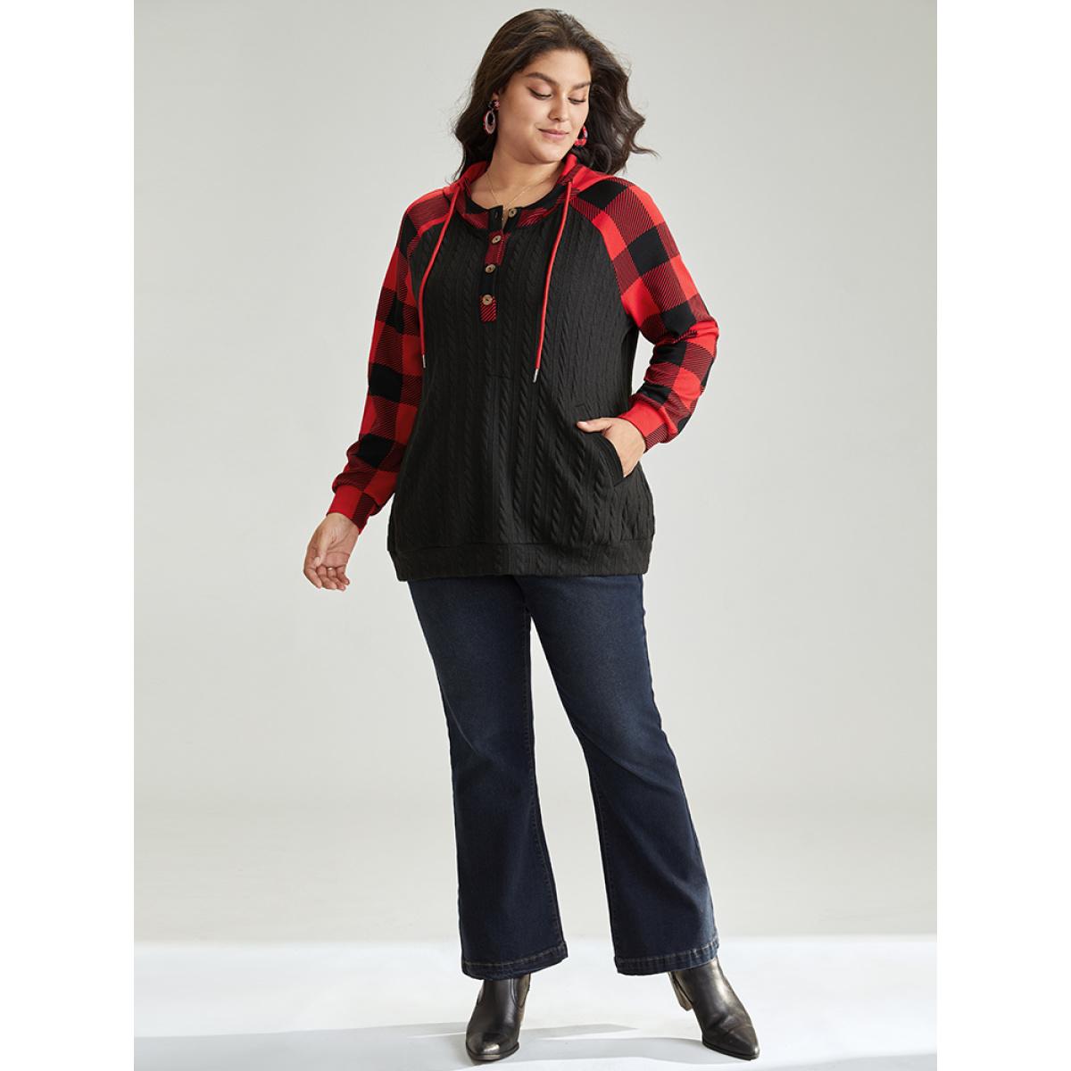 Plus Size Plaid Texture Contrast Hooded Raglan Sleeve Sweatshirt Women Black Casual Texture Hooded Festival-Christmas Sweatshirts BloomChic 30/6X Product Image