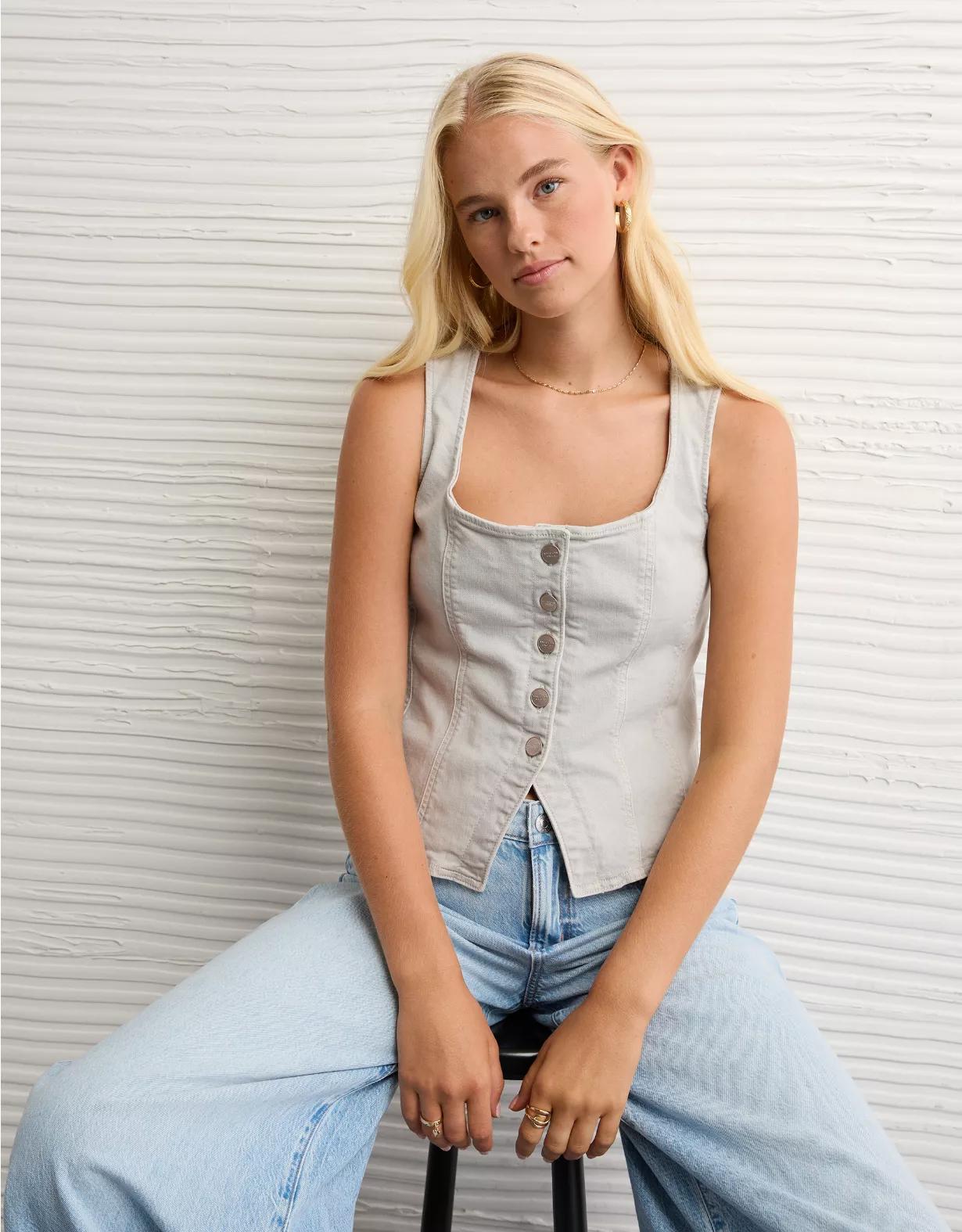 AE Square Neck Button-Up Denim Vest Product Image