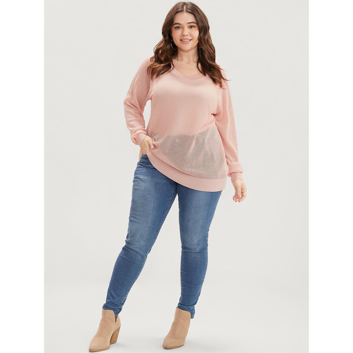 Plus Size Plain Ice Rayon Yarn Mesh Round Neck Eyelet Knit Top Crepe Women Casual Loose Long Sleeve Round Neck Dailywear Pullovers BloomChic 12/L Product Image
