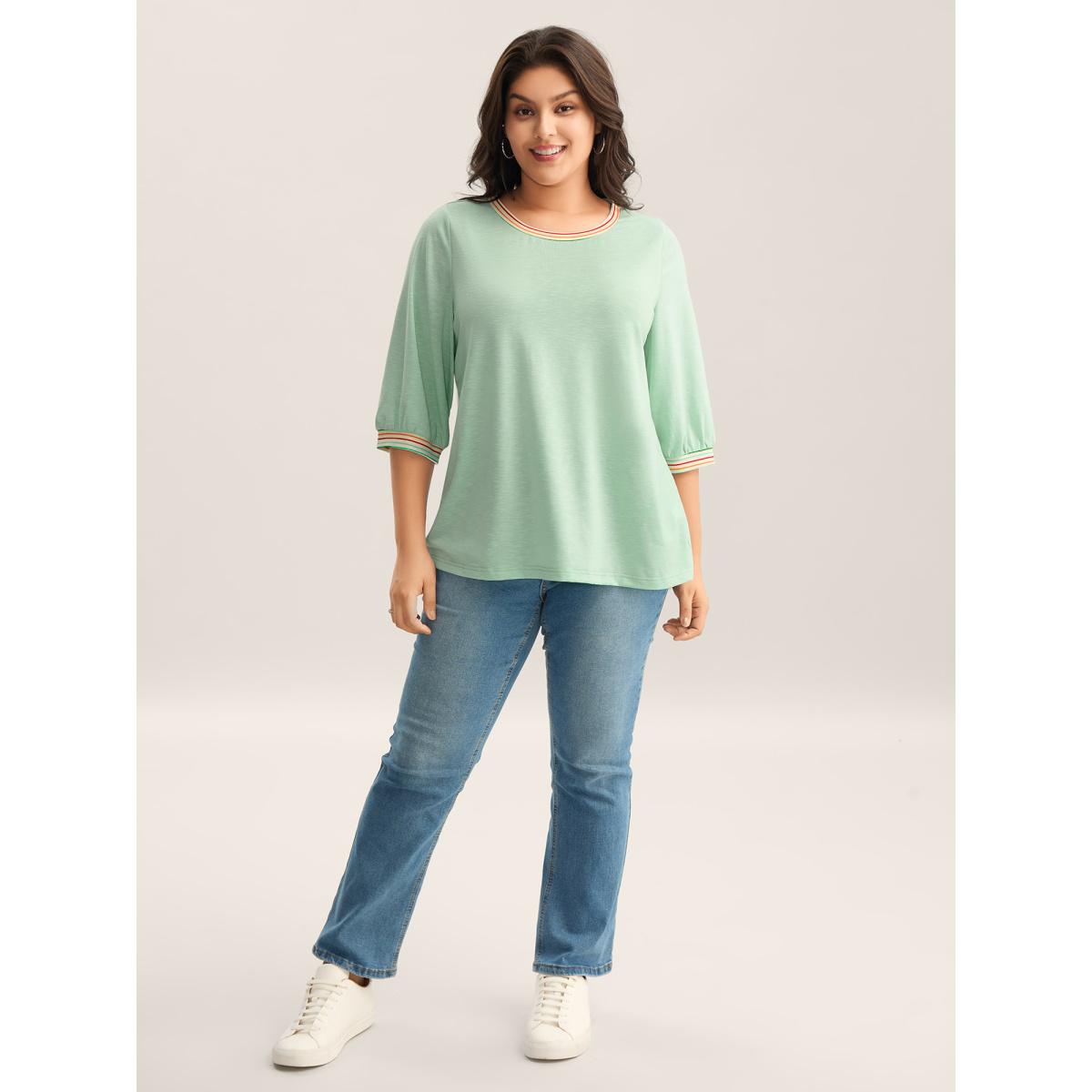 Plus Size Plain Puff Sleeve Crew Neck T-Shirt Greenbean Women Playful Contrast Round Neck Casual T-shirts BloomChic 28/5X Product Image