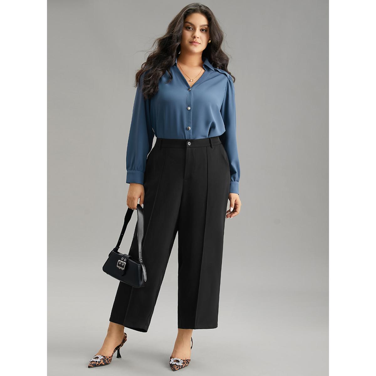 Plus Size Static-Free Solid Seam Detail Button Up Pants Women Black Office Straight Leg High Rise Work Pants BloomChic 10/M Product Image