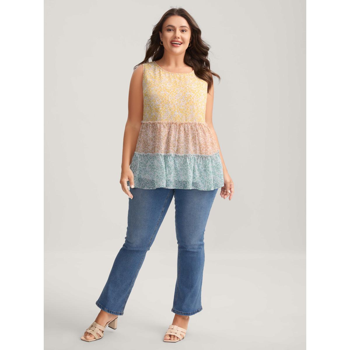 Plus Size Chiffon Color Block Tiered Tank Top Women Multicolor Timeless Gathered Round Neck Elegant Tank Tops Camis BloomChic 26/4X Product Image
