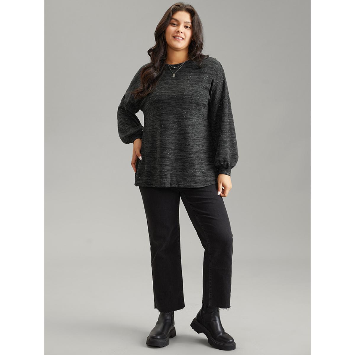 Plus Size Sequin Lantern Sleeve Drop Shoulder Sweatshirt Women DimGray Casual Sequin Round Neck Dailywear Sweatshirts BloomChic 10/M Product Image