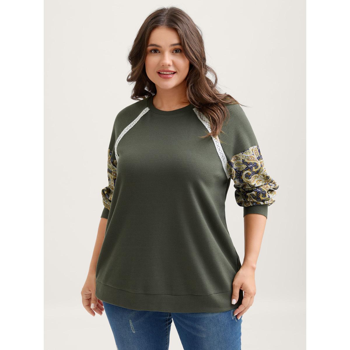 Plus Size Paisley Sleeve Textured Contrast Sweatshirt Women ArmyGreen Woven ribbon&lace trim Round Neck Casual Sweatshirts BloomChic 18-20/2X Product Image