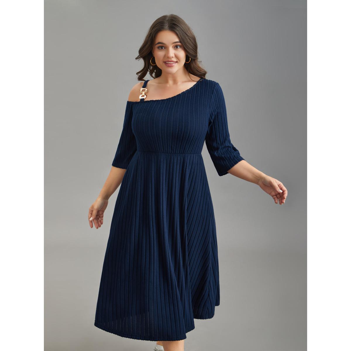 Plus Size One-Shoulder Pit-Strip Knit Buckle Midi Dress DarkBlue Women Casual Texture Knit Dresses Bloomchic 10/M Product Image