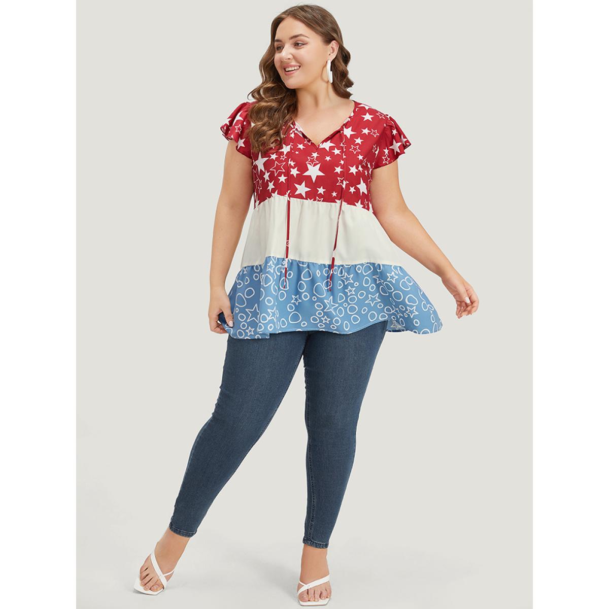 Plus Size Multicolor Star & Geo Graphic Knot Neck Patchwork Blouse Women Elegant Cap Sleeve Tie Neck Dailywear Blouses BloomChic 28/5X Product Image