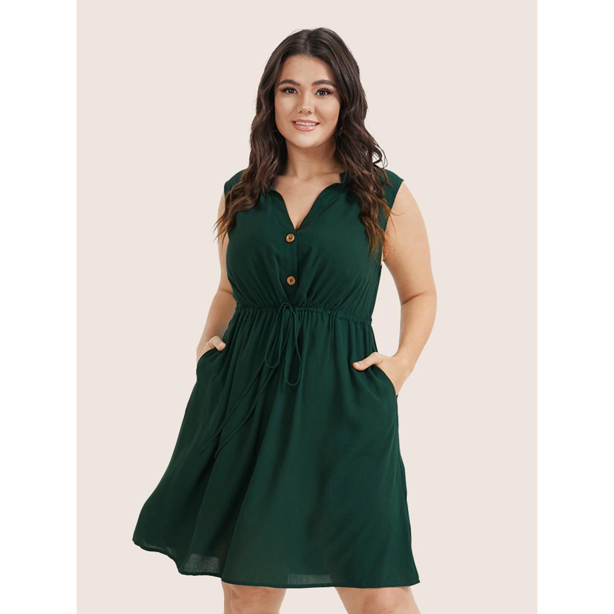 Plus Size Plain Ties Front Button Pocket V Neck Dress DarkGreen Women Office Button V-neck Sleeveless Curvy Knee Dress BloomChic 18-20/2X Product Image