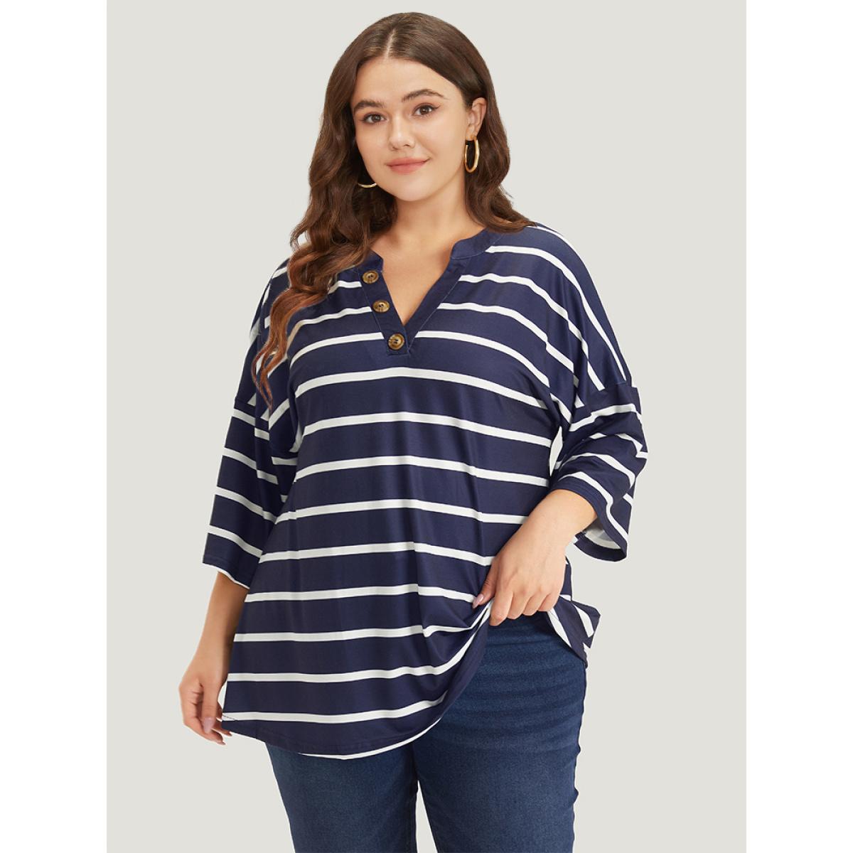 Plus Size Striped Print Button Detail Notched T-shirt Blue Women Casual Button Striped Notched collar Dailywear T-shirts BloomChic 10/M Product Image