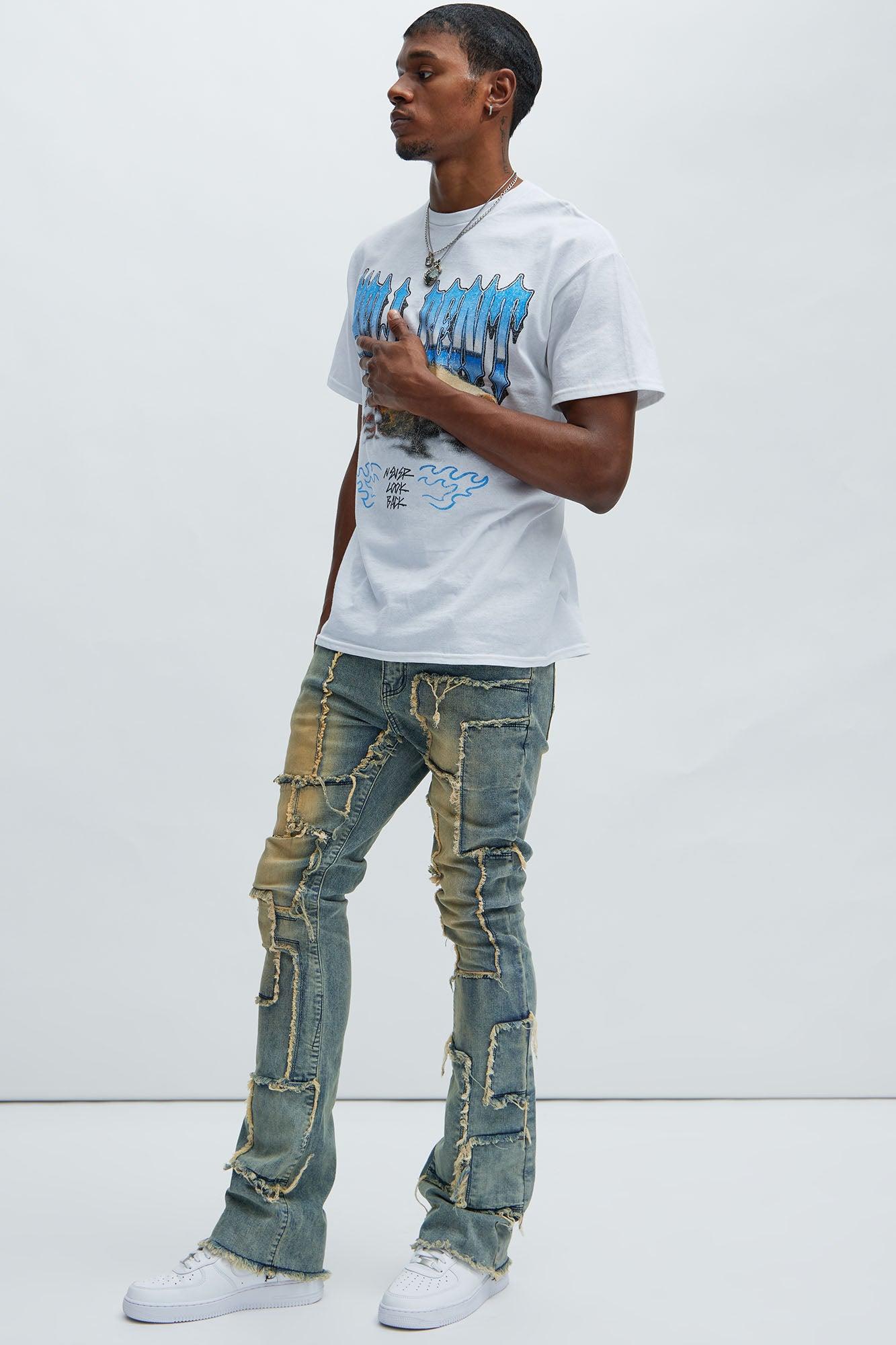 Frayed Patches Stacked Skinny Flare Jeans - Vintage Blue Wash Product Image