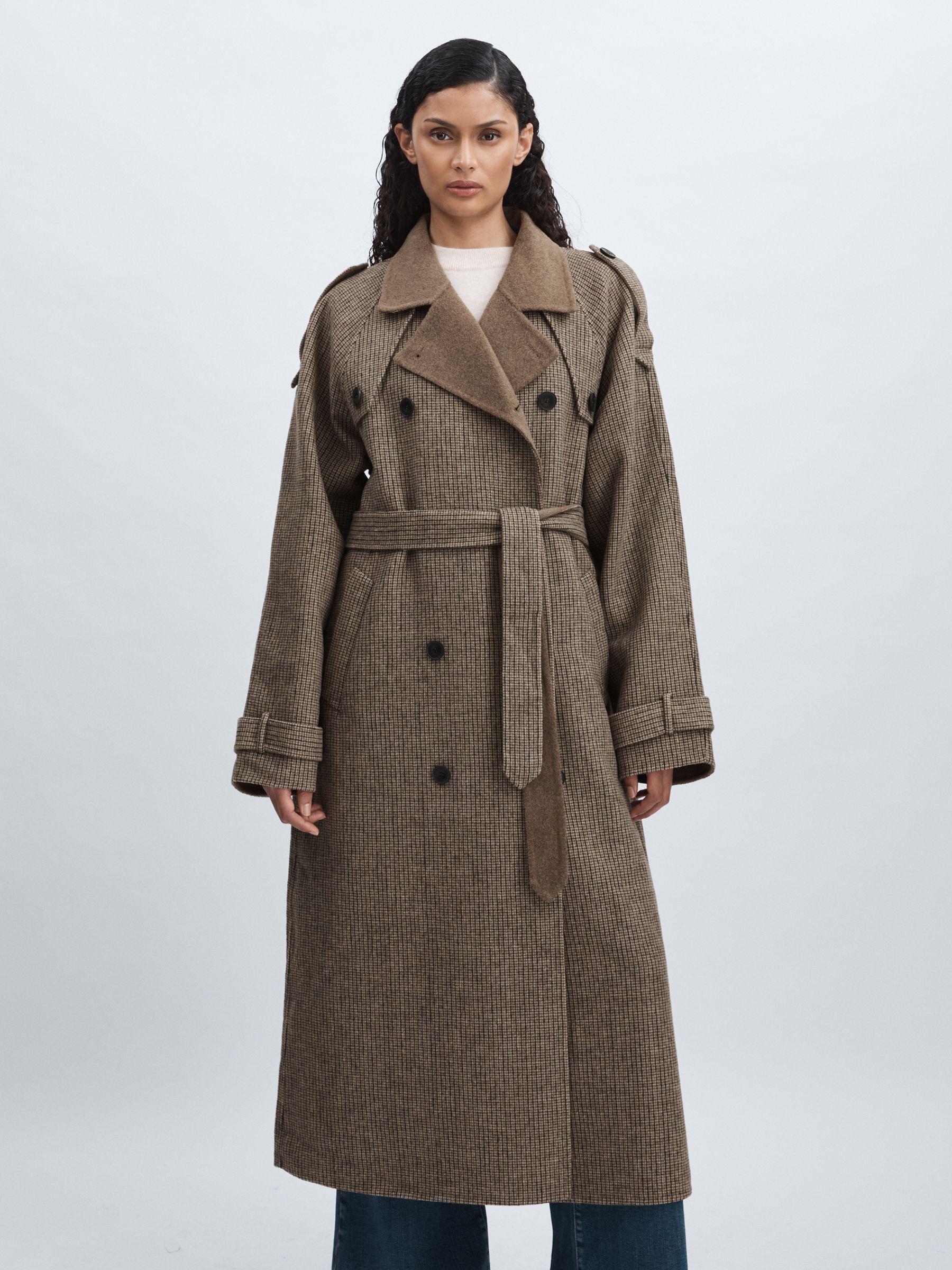 Meotine Beige Check Wool-Blend Houndstooth-Check Trench Coat in Beige Check Product Image