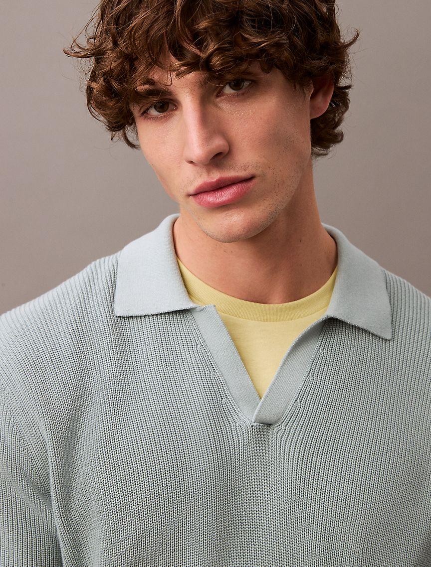 Textured Cotton Johnny Collar Polo Sweater Product Image