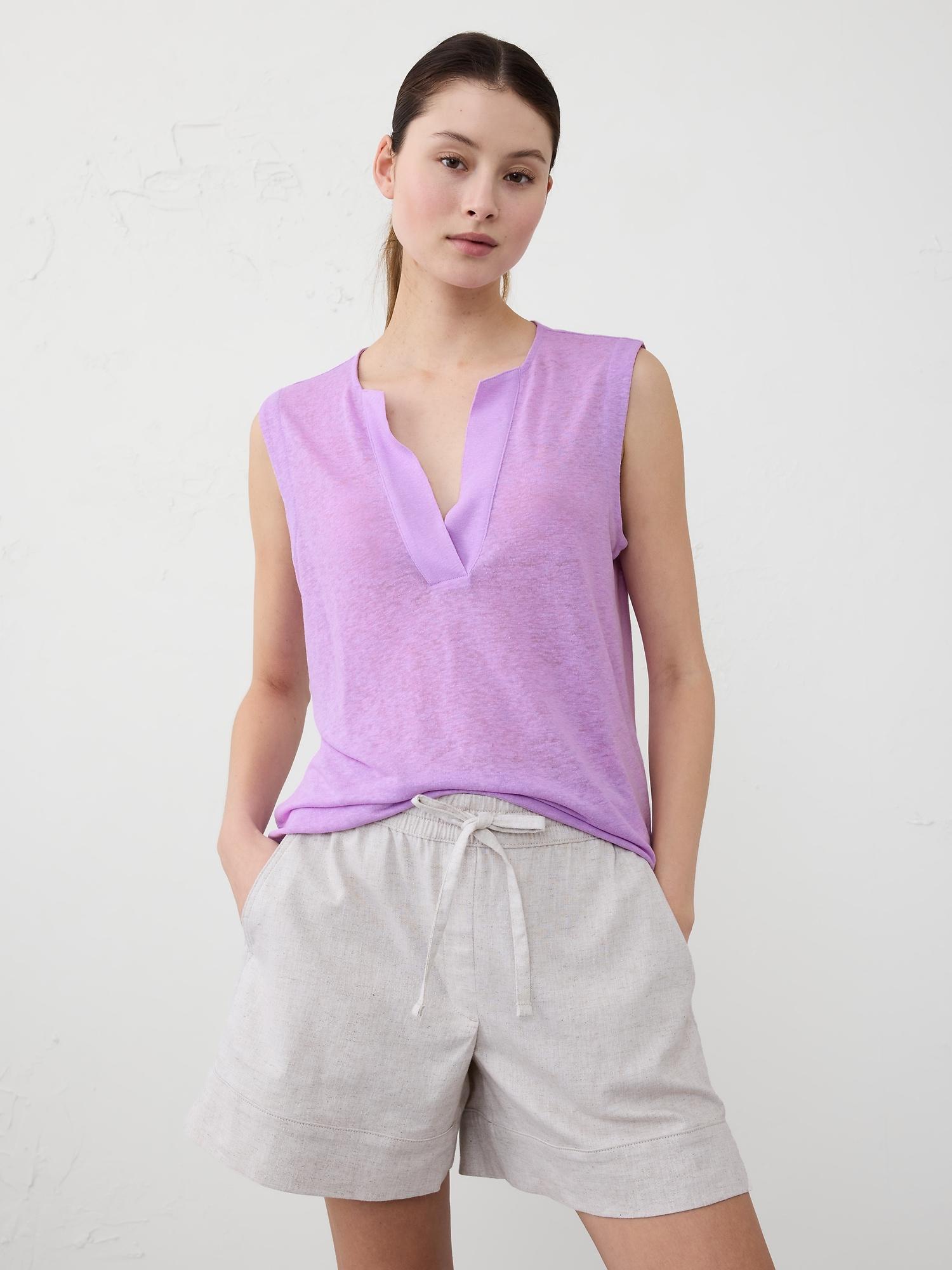 Linen-Blend Split-Neck Tank Product Image