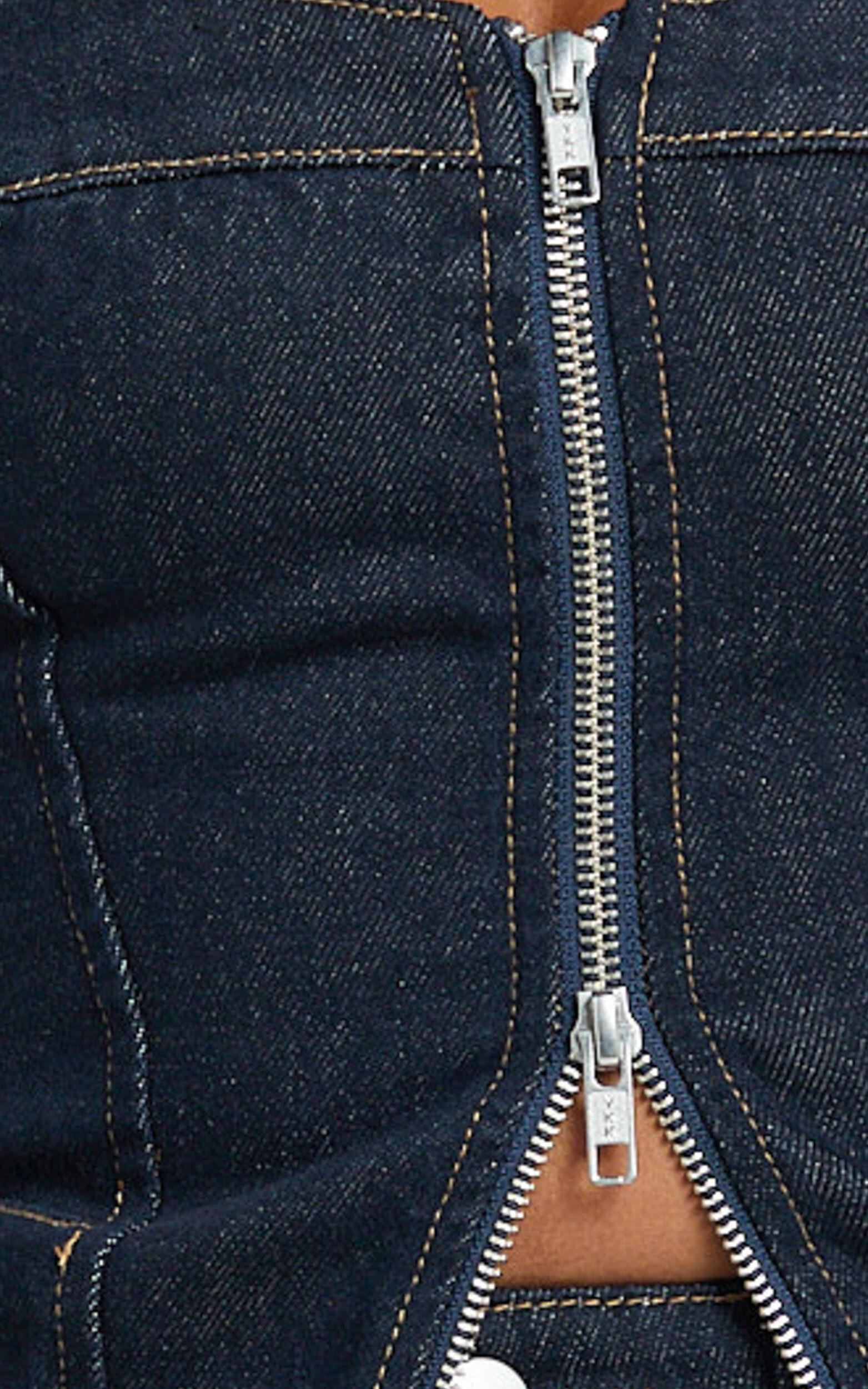 Bellerose Top - Front Zip Denim Fitted Top in Raw Denim with Tobacco Stitch Product Image