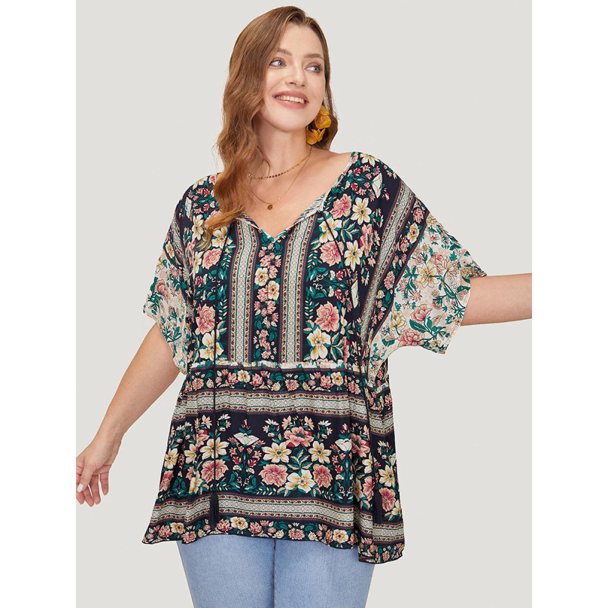 Plus Size Midnight Bandana Print Tie Neck Tassels Batwing Sleeve Blouse Women Vacation Short sleeve Tie Neck Dailywear Blouses BloomChic 10/M Product Image