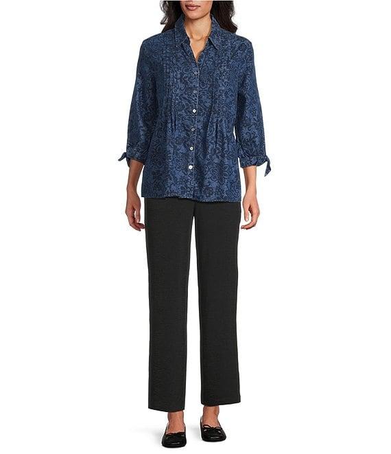 Allison Daley Petite Amazing Lace Print 3/4 Tie Sleeve Point Collar Button Front Lyocell Blouse Product Image