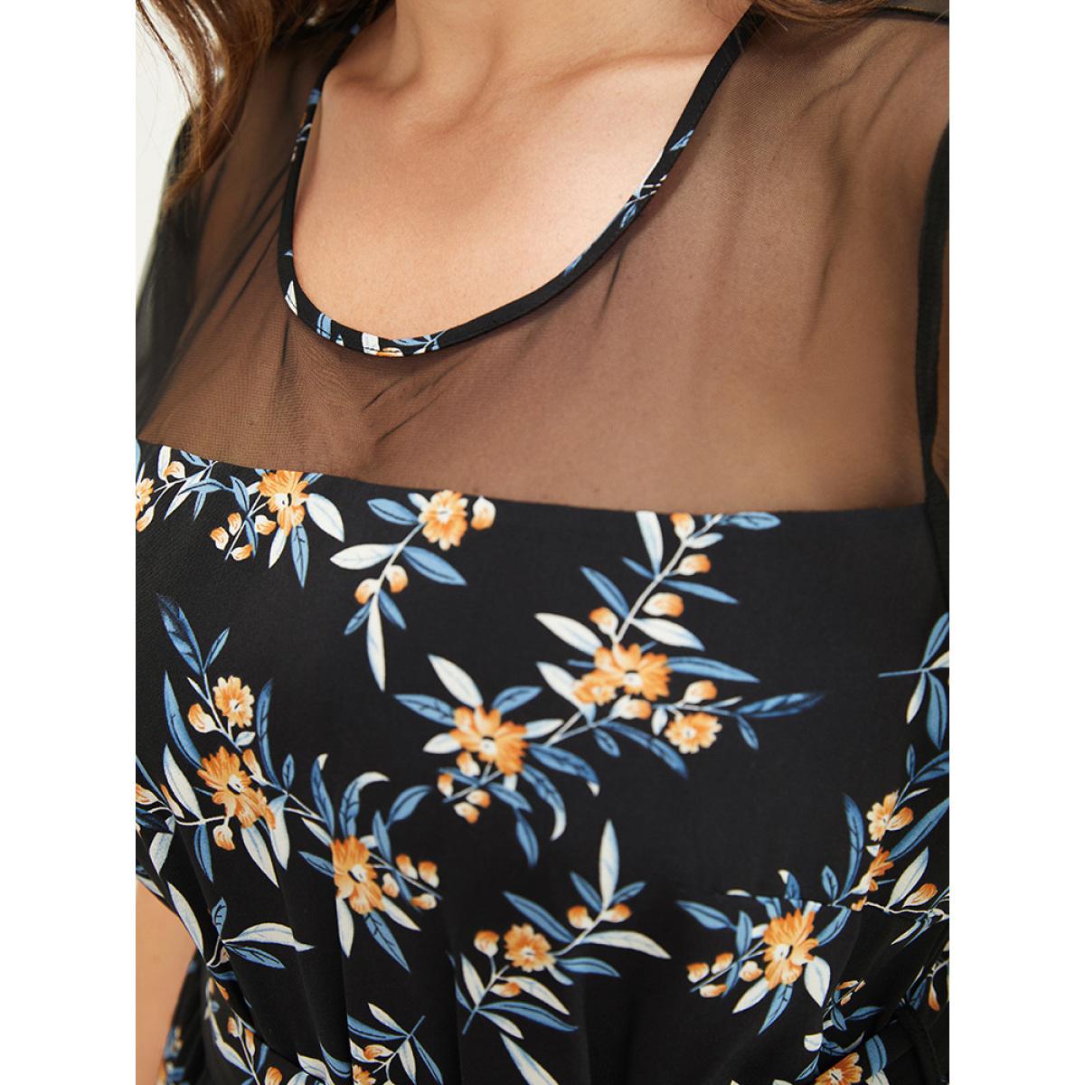 Plus Size Black Floral Mesh Patchwork Crew Neck Pocket Belted Jumpsuit Women Elegant Short sleeve Round Neck Dailywear Loose Jumpsuits BloomChic 22-24/3X Product Image