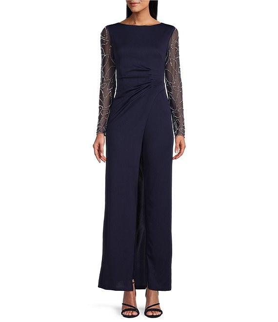 Marina Stretch Crepe Long Beaded Sleeve Round Neck Walk Thru Jumpsuit Product Image