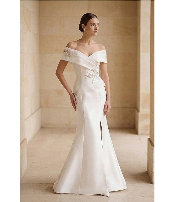 Terani Couture Pleated Off-the-Shoulder Short Sleeve Mermaid Gown Product Image